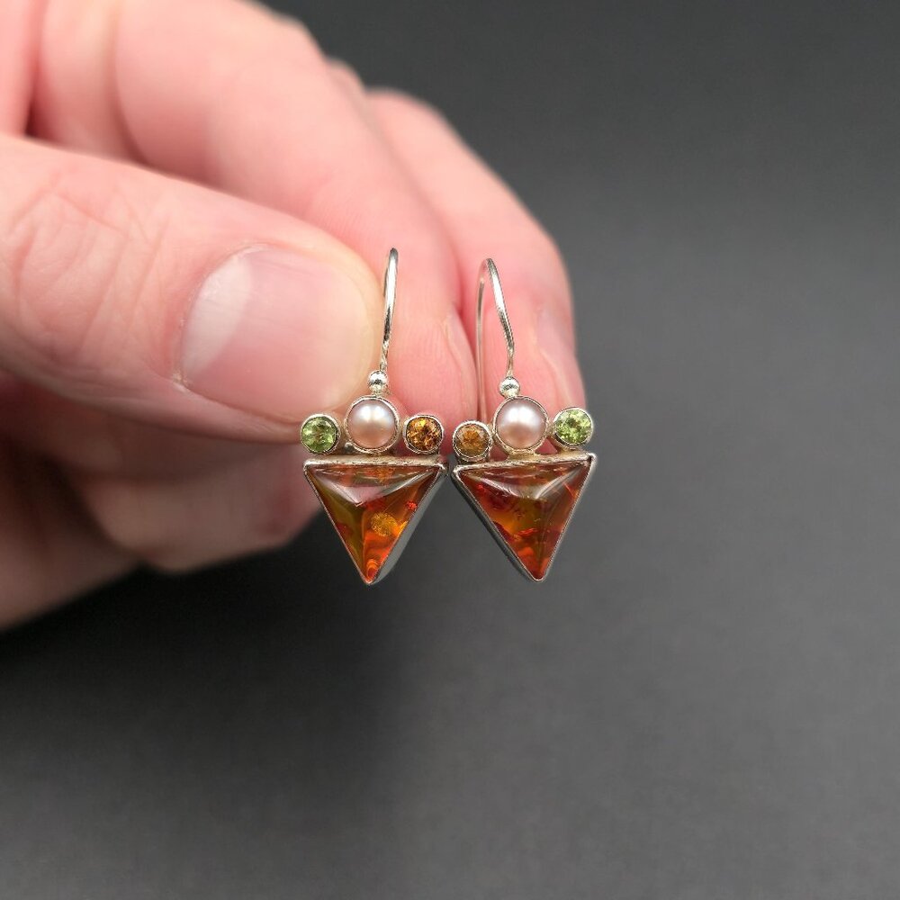 Sterling Silver Amber Peridot Pearl Unique Earrings A6558